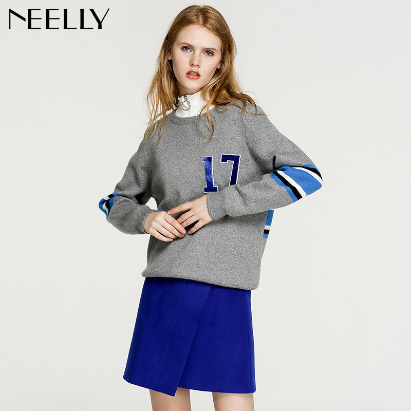 NEELLY/纳俪Neelly纳俪2017冬季新款套头数字针织衫 L 灰色