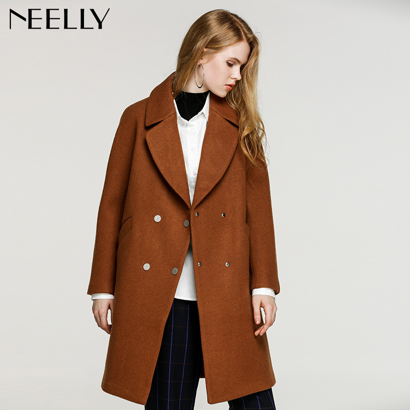 Neelly纳俪2017冬季新款女中长款双排扣暗扣纯色宽松毛呢外套大衣 L 焦糖色