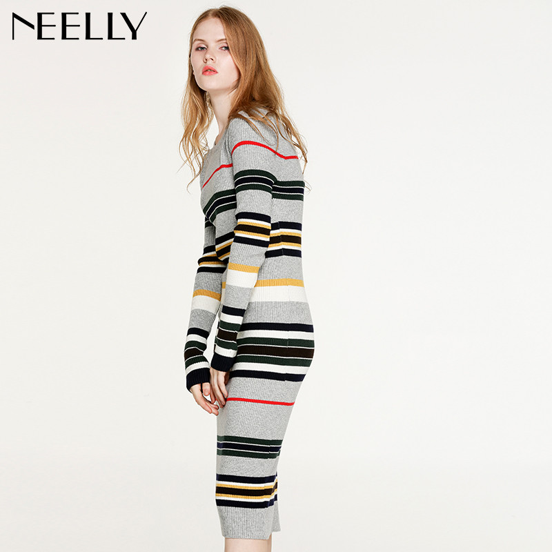 Neelly纳俪2017冬装新款女中长款条纹紧身显瘦针织套头修身连衣裙 XL 灰色