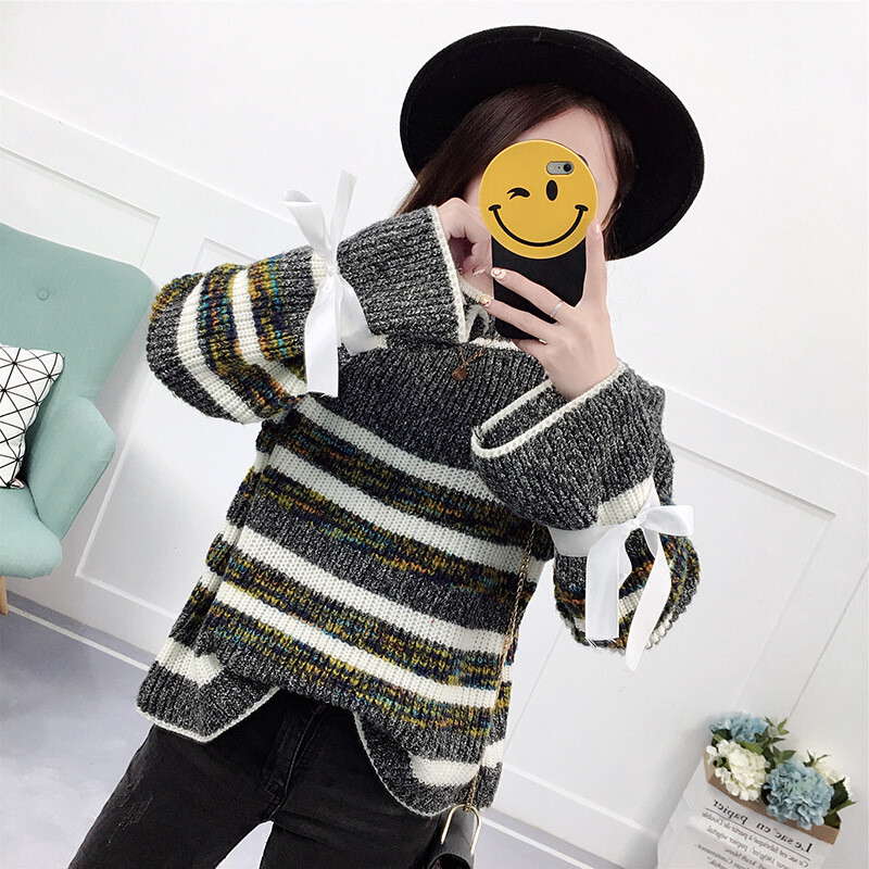 2017新款韩版条纹毛衣女款套头宽松短款针织