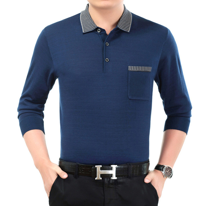 男士长袖T恤翻领薄款宽松上衣中老年人爸爸装