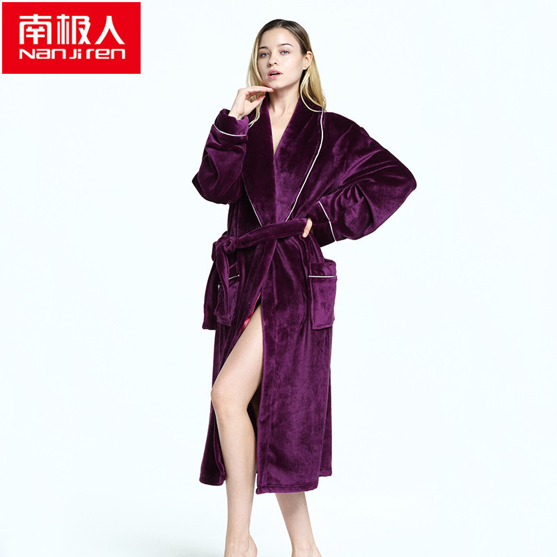 情侣法兰绒浴袍 加长加厚法兰绒家居服 男女士家居服 L 紫色