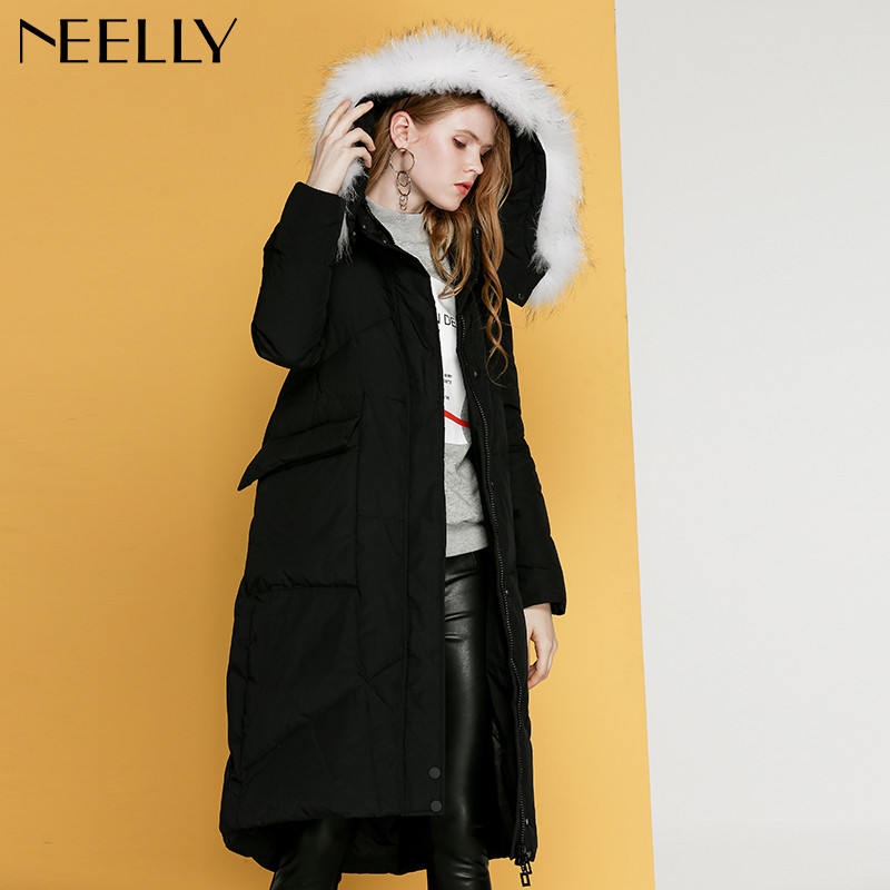 NEELLY/纳俪2017冬装新款女中长款貉子毛领羽绒服_1 XL 黑色