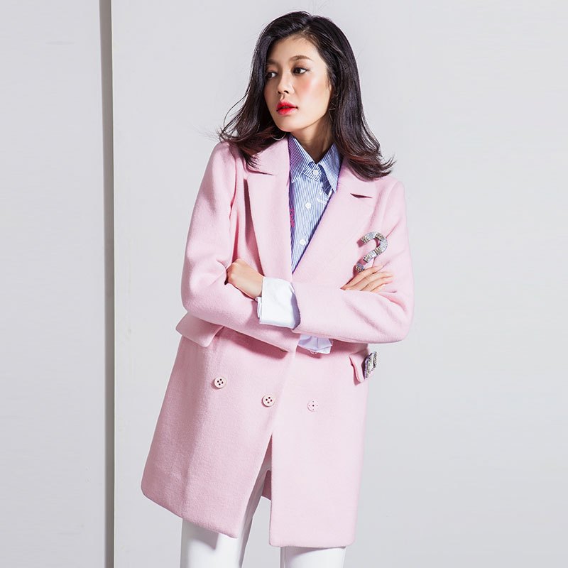 女装冬季韩版休闲翻领可拆卸钉珠装饰大衣中长款呢料外套 S 粉色
