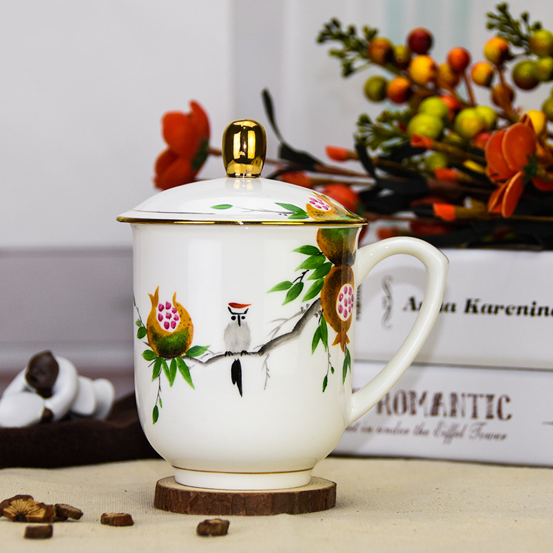 瓷物语陶瓷茶杯带盖景德镇手绘描金骨瓷水杯办公室会议室杯子定制 笑口常开