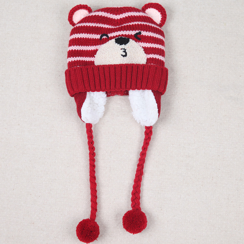 MilkyFriends韩版冬季可爱熊护耳儿童加绒毛线帽男女儿童帽宝宝帽子 均码（48-50CM） 红色
