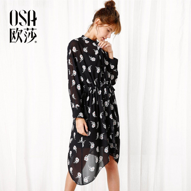 OSA欧莎2017秋装新款女时尚印花收腰连衣裙 XL 黑底印花1