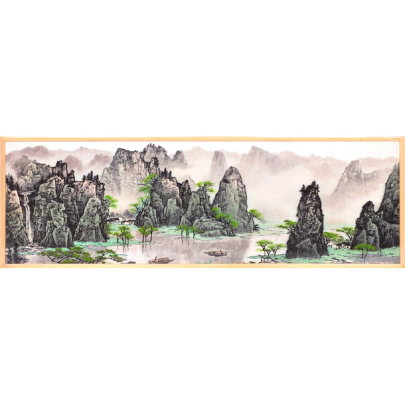 现代新中式装饰画木刻漆画实木家具搭配画实木框沙发背景墙画金洒银谷150*50厘米 千峰竞秀