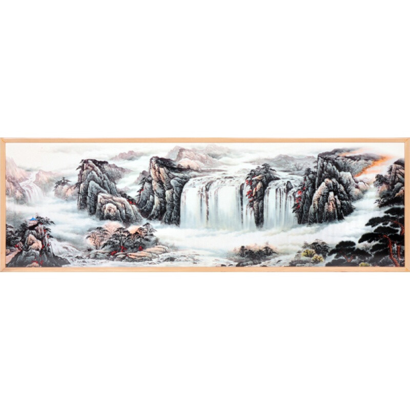 现代新中式装饰画木刻漆画实木家具搭配画实木框沙发背景墙画金洒银谷150*50厘米 高山飞瀑