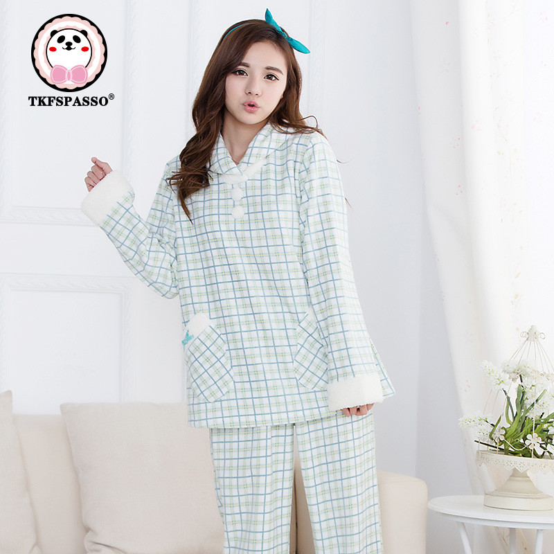TKFSPASSO/斯帕颂摇粒绒格子印花翻领套头家居服套装可爱简约秋冬 M-L 芥末绿色