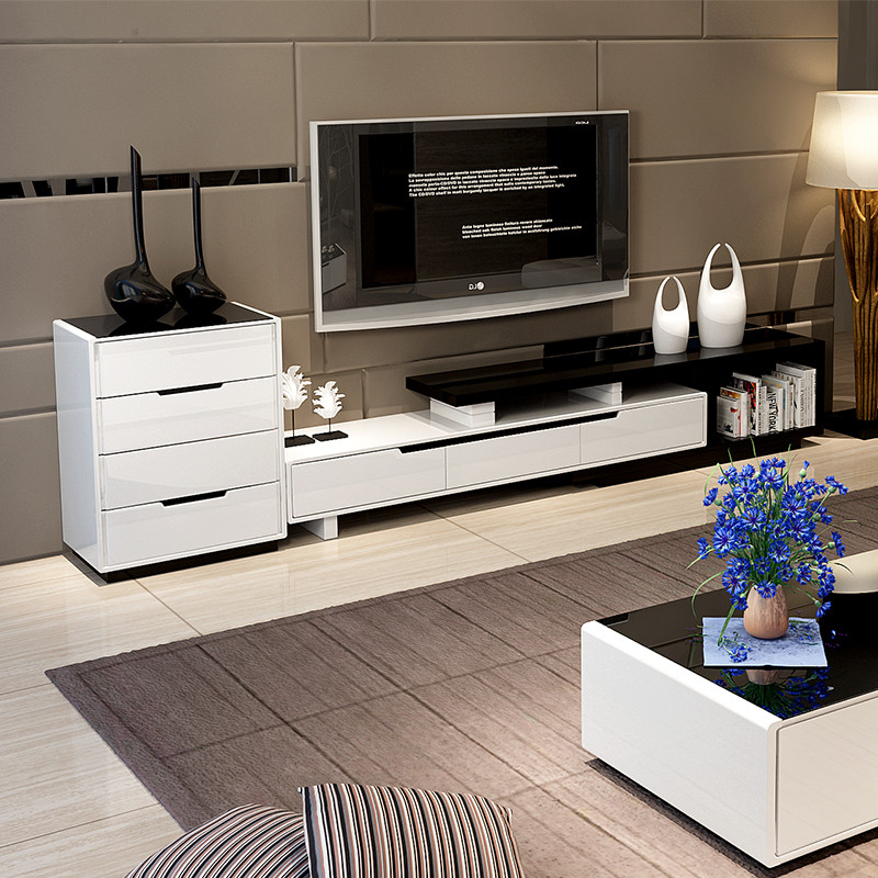 客厅现代简约烤漆电视柜茶几组合套装卧室钢化玻璃伸缩电视柜组合_3 B款黑白色电视柜-带斗柜