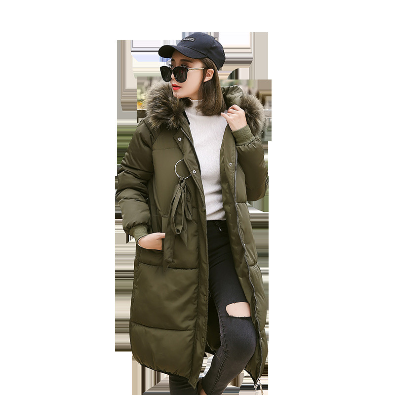 2017冬季新款修身韩版中长款毛领保暖羽绒棉服 M 军绿色