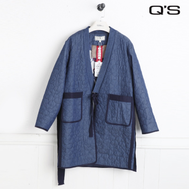 Q&rsquo;S/秸熙女装2017冬装新款韩版时尚飘带装饰绗棉外套上衣JXE155 S 牛仔蓝