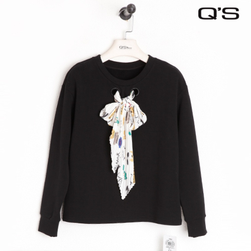 Q&rsquo;S/秸熙女装2017冬装新款简约纯色领巾装饰套头针织衫JAC718 L 黑色