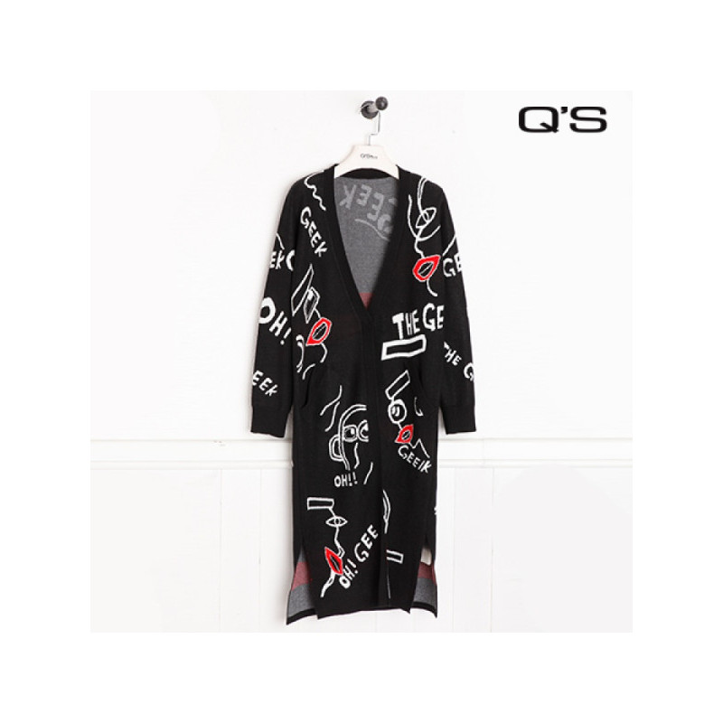 Q&rsquo;S/秸熙女装2017冬装新款时尚V领趣味针织图案针织外套 L 黑色