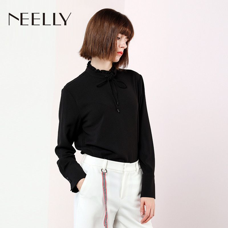 Neelly/纳俪2018春季新款短款纯色立领衬衫上衣_1 L 黑色