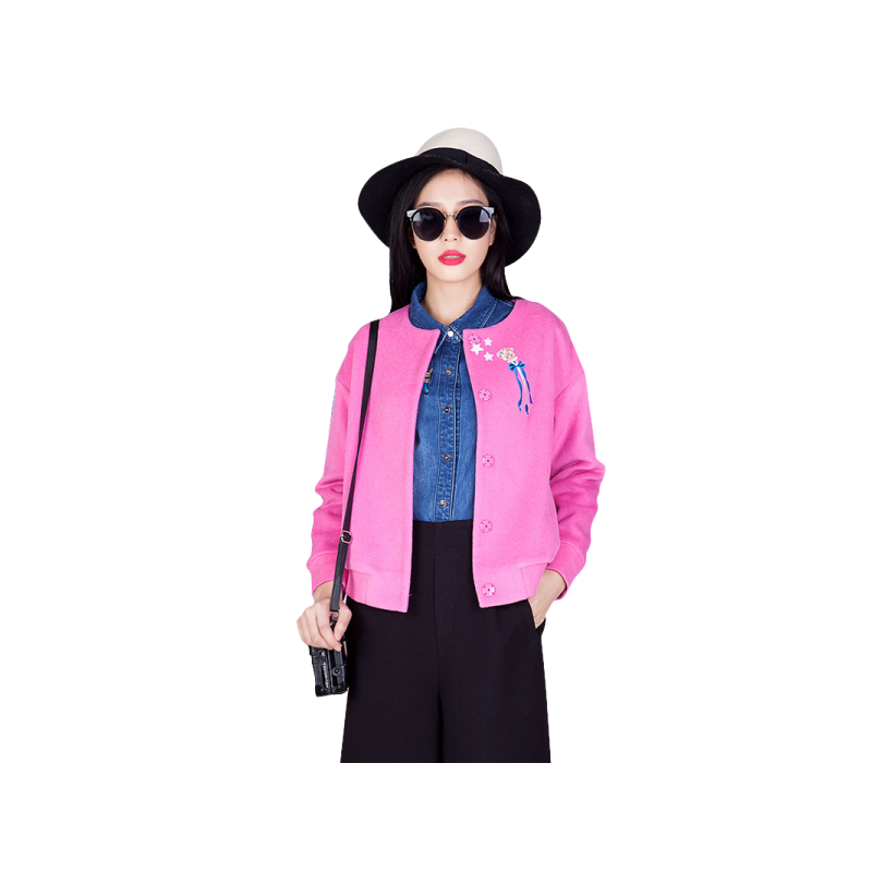 Q&rsquo;S/秸熙女装2017冬装新款时尚绣花装饰圆领短款大衣外套JAC2B3_9 L 亮玫红