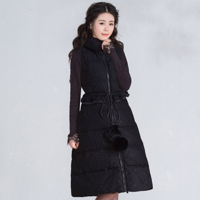 烟花烫2018冬新品女修身蕾丝纯色开衫中长款羽绒服马甲 云细3740850 黑色 XXL