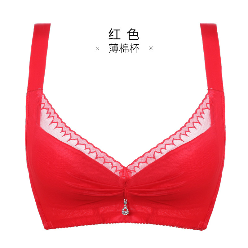 千奈美QIANNAIMEI春季新款红色本命年内衣大码性感蕾丝无钢圈薄棉全罩杯聚拢文胸罩 红色 75E
