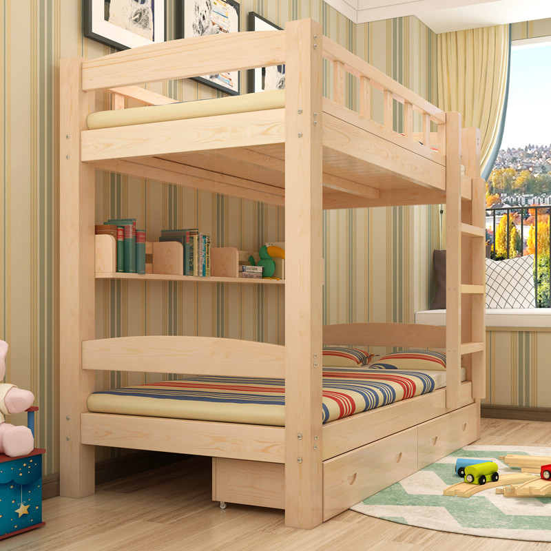 卡米蒂 高低床双层床松木子母简约成人床组合母子实木上下铺儿童床上下床 1.5*2原木色+书架+抽屉+床垫