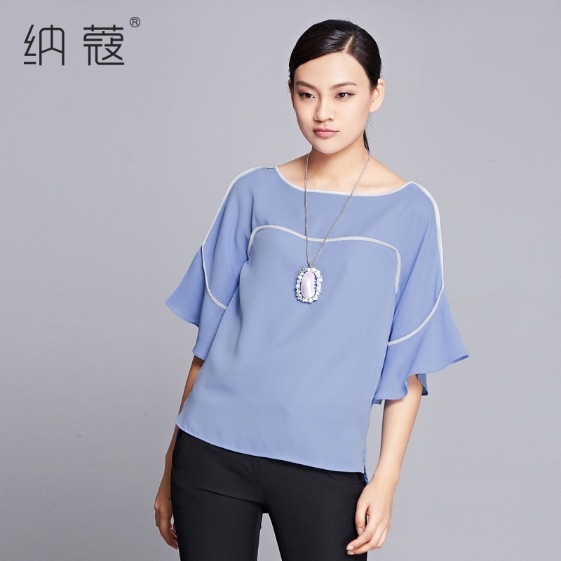 纳蔻夏季新品衬衫宽松显瘦五分袖荷叶袖上衣圆领飘逸气质T恤 M 淡蓝色