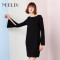 Neelly/纳俪2018春季新款纯色中长款喇叭袖显瘦连衣裙 XL 正红色