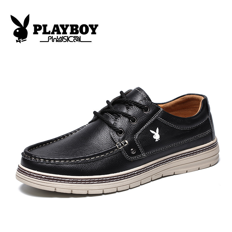花花公子(PLAYBOY)男鞋新款休闲鞋时尚百搭男士系带皮鞋男时尚驾车鞋子 X39380 黑色 42码
