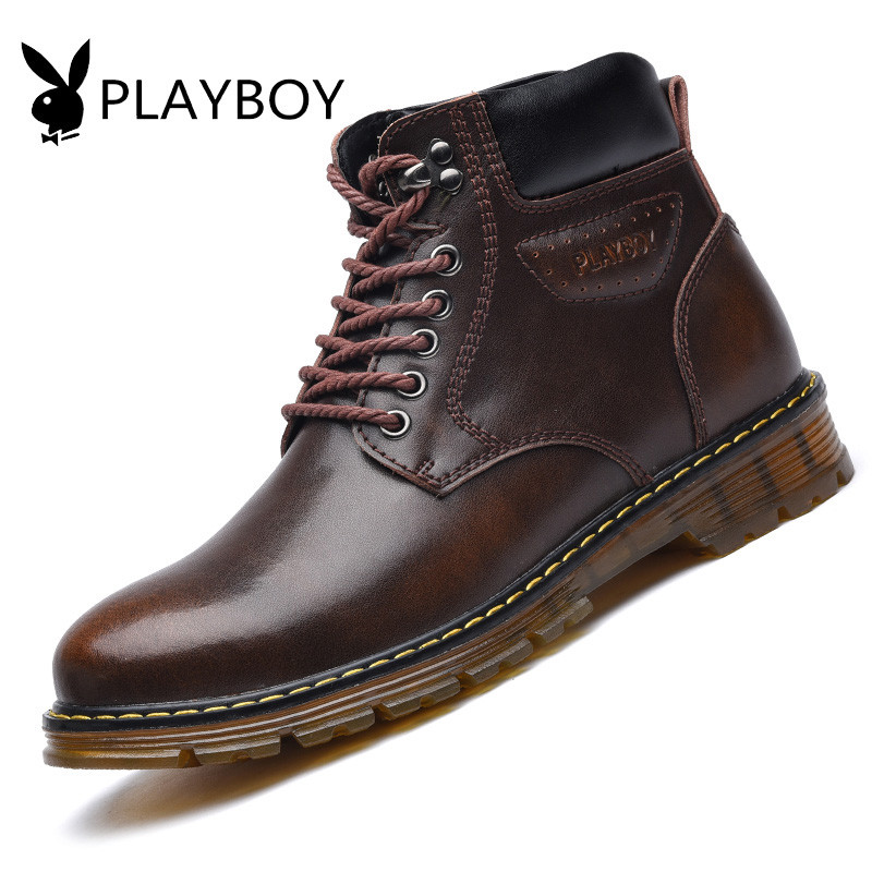 花花公子(PLAYBOY)工装鞋男防滑高帮大头鞋耐磨休闲户外鞋 X39344 棕色 40码