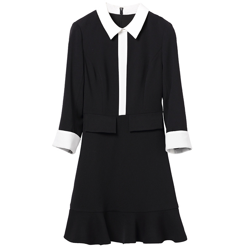 洛诗琳2017秋季新款女装荷叶袖V领中裙修身显瘦OL气质黑色连衣裙 M 黑色