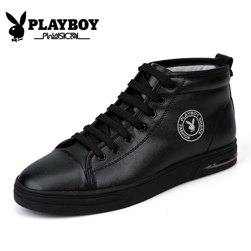 花花公子(PLAYBOY)高帮男鞋休闲鞋英伦时尚白色板鞋 X39108 黑色 42码