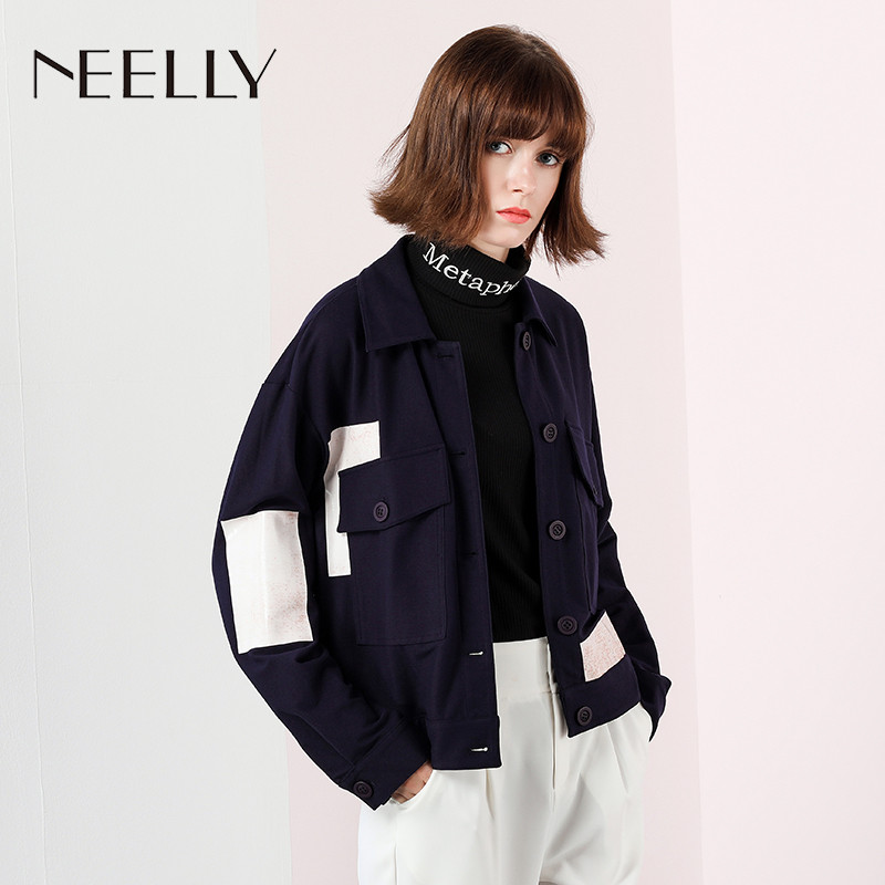 Neelly/纳俪2018春季新款短款纯色口袋拼接休闲外套 M 藏青