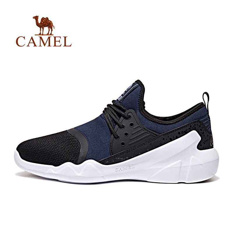 CAMEL骆驼 2018春新男女时尚跑鞋休闲网布透气跑步鞋轻便运动鞋 A812318575，黑/蓝，男款 44码