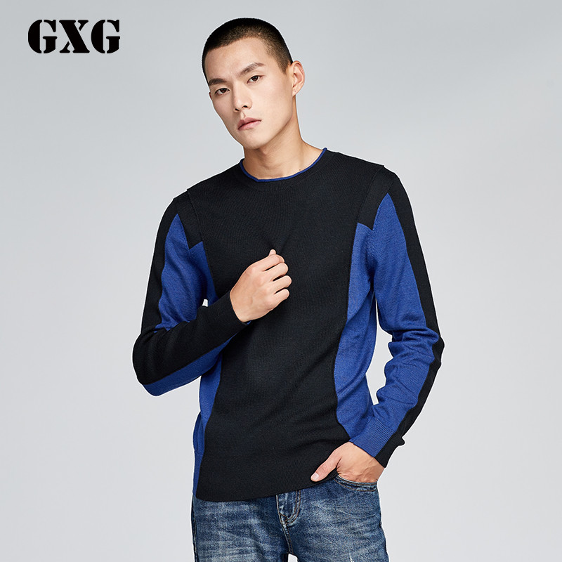 GXG男装毛衫秋装男士时尚潮流黑色拼接修身圆领羊毛长袖毛衫男 185/XXL 黑色