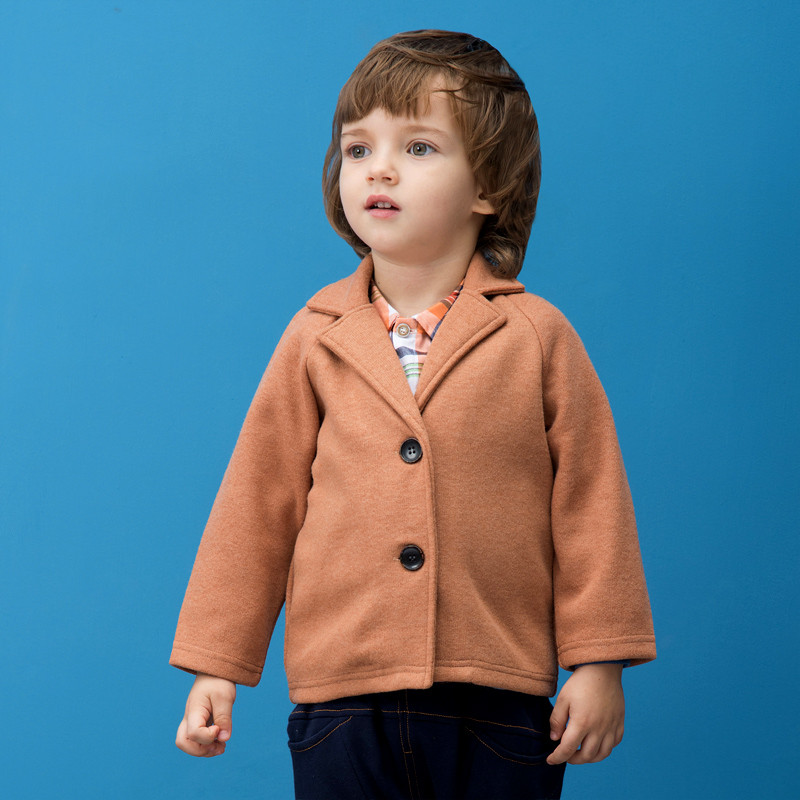 婴姿坊 童装男童英伦休闲毛尼外套 儿童春时尚单排扣开衫新品 120cm 粉橙