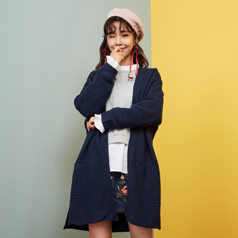 美特斯邦威针织开衫女2017秋装新款宽松显瘦毛衣外套韩版潮流_1 175/96A 鸢尾蓝黑