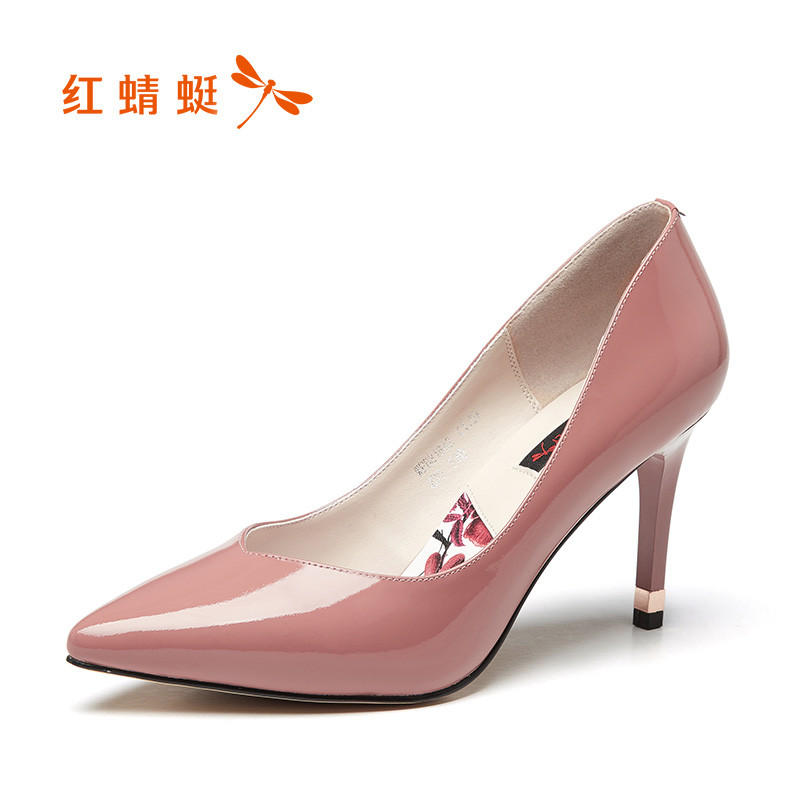 红蜻蜓高跟鞋欧美2018春季新款尖头浅口细跟高跟鞋女性感漆皮夜店女鞋百搭OL职业工作单鞋 粉红色 36码