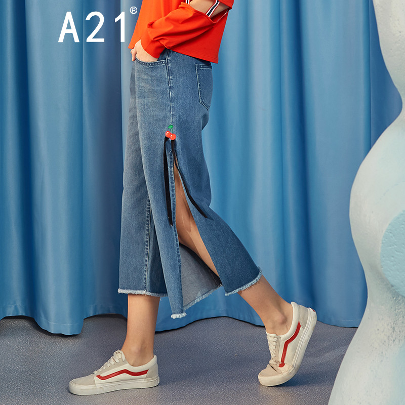 A21以纯线上品牌2018春装新品纯棉中腰阔腿裤女时尚宽松八分牛仔裤4812021000 浅中蓝 32