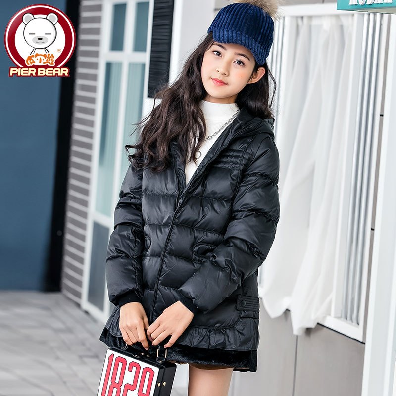 女童羽绒服中长款韩国加厚公主女大童白鸭绒加厚冬装外套PBYX618001-1 黑色 160cm