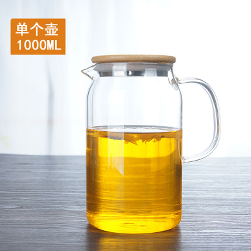 冷水壶玻璃耐热高温防爆凉水壶家用果汁凉杯瓶大容量水杯套装扎壶1L1.2L夏季新款冷水壶耐热_1 1L水壶（竹木盖）