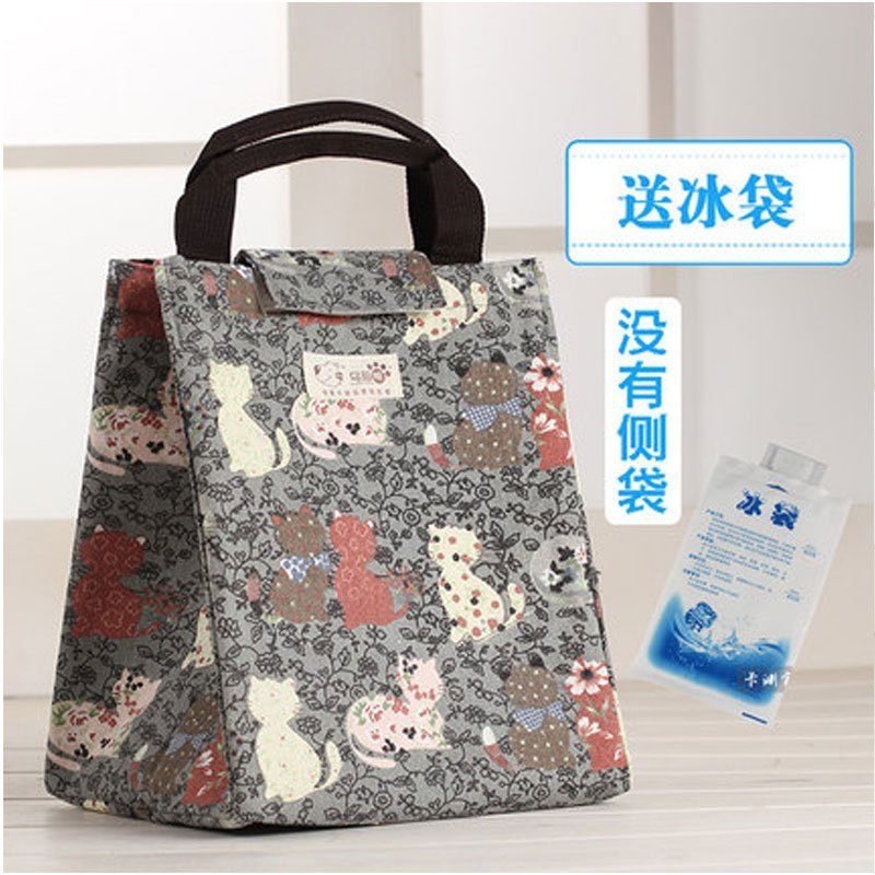 韩式牛津布便当包便当袋铝箔手提袋学生保温包饭盒包冰包饭盒袋多色多款多功能生活日用收纳用品时 灰色猫咪（送冰袋）