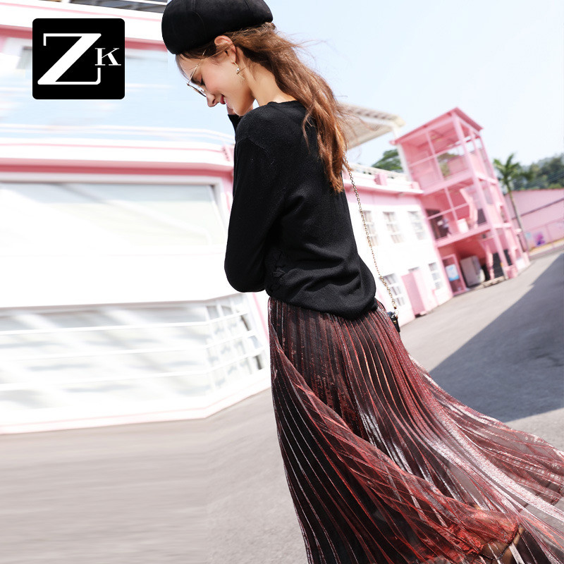 ZK2018春装新款百褶裙女韩版a字中长款裙子港味显瘦百搭半身裙B XL 西瓜红