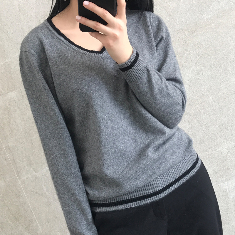 【苏宁直营】新款春秋薄v领羊绒衫毛衣女短款套头羊毛长袖修身百搭打底针织衫 灰色 2XL