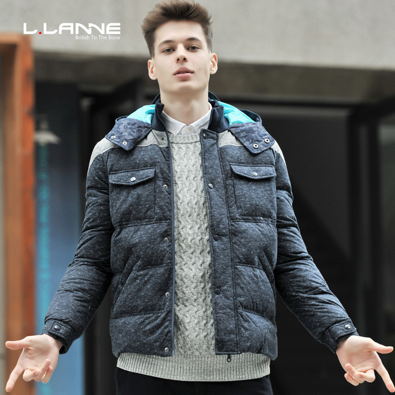 LLANNE时尚英伦潮牌连帽带帽外套拼接迷彩撞色加厚短款羽绒服男 XXL 藏青