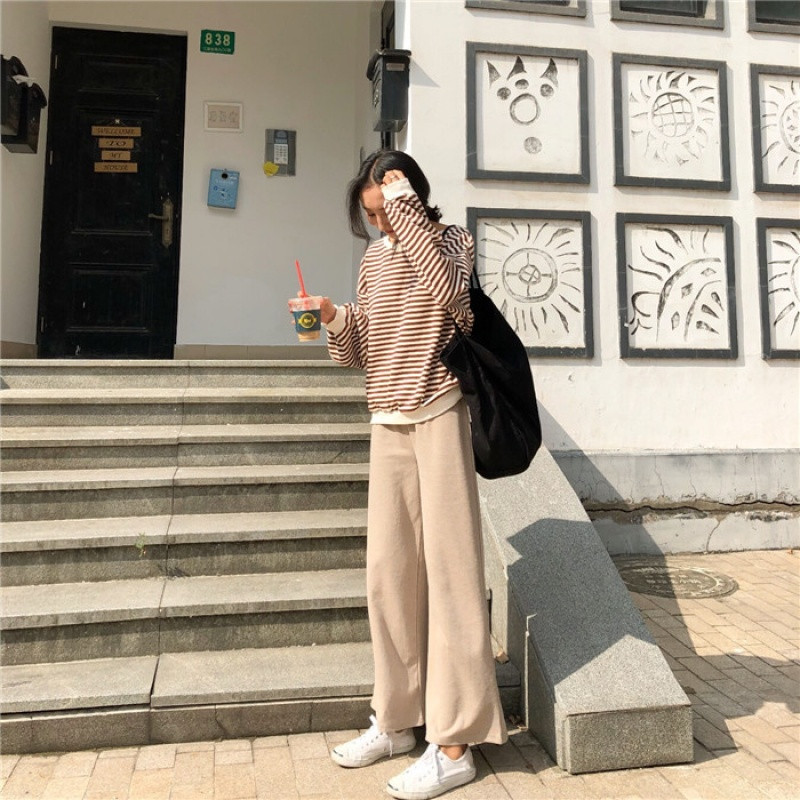 18款式韩风Chic秋冬松紧高腰修身显瘦针织长裤纯色简约休闲百搭阔腿裤女 均码 黑色