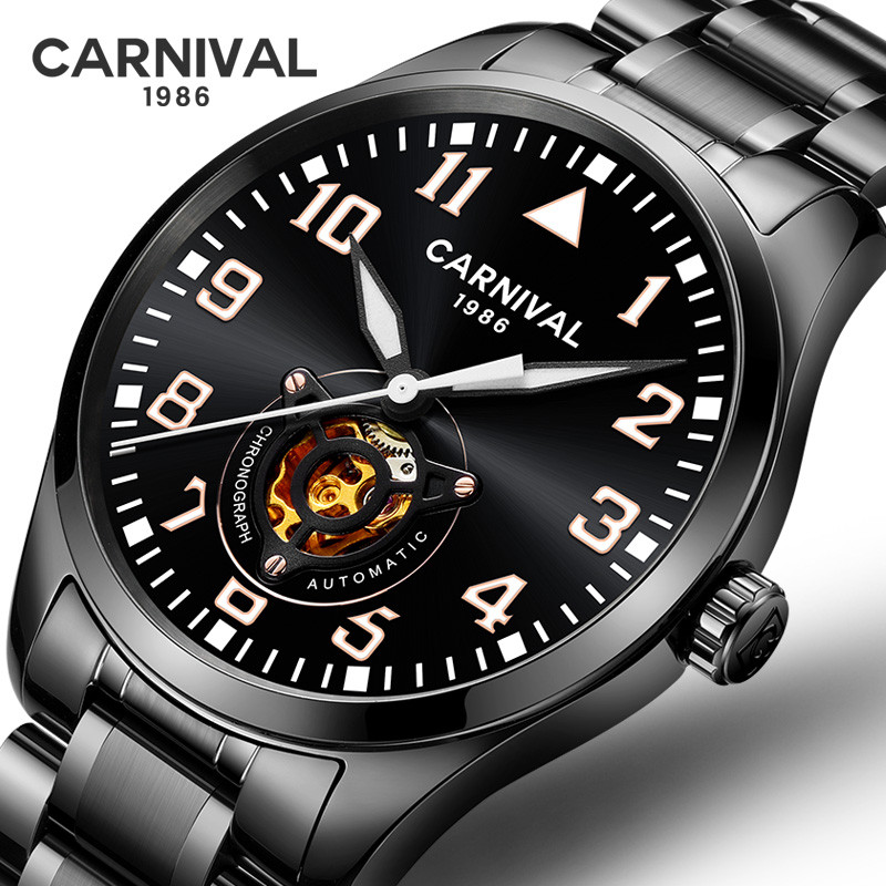 嘉年华Carnival手表新款全自动机械表 男全酷黑钢表男款精钢纤薄款男士夜光防水休闲金属腕表镂空男表8810G 黑钢黑面