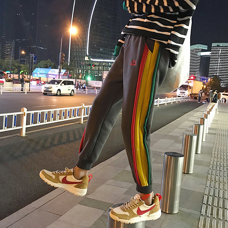 18款式港风秋冬新款休闲裤男撞色条纹拼接加绒加厚小脚裤宽松九分哈伦裤 码数偏小半个码，拍之前咨询客服 A款灰色过年以后发货1054