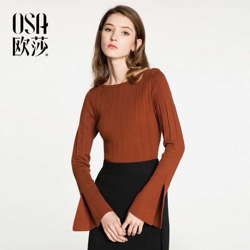 OSA欧莎2018年春装新款简约圆领优雅喇叭袖显瘦针织衫女A16009 S 南瓜色
