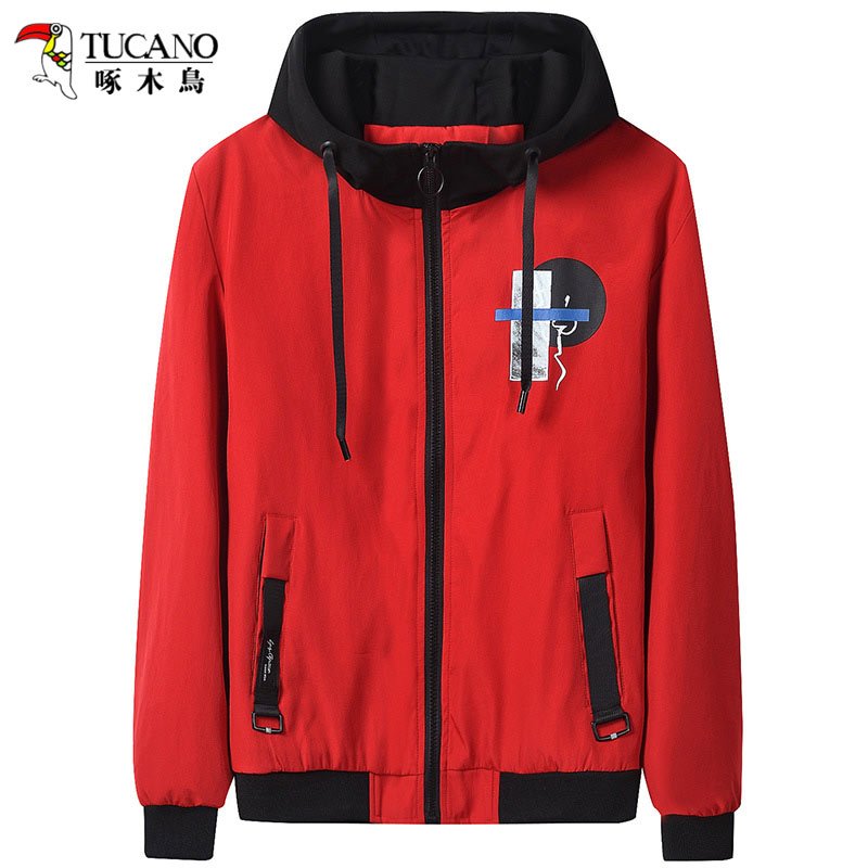 啄木鸟(TUCANO)夹克男2018春秋季新款韩版潮流连帽外套青年帅气休闲男装 ZM1803 XXXL 红色