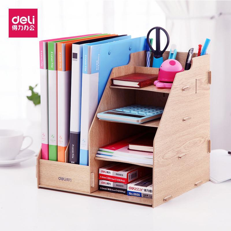 得力木质文件架收纳文件筐资料架书架栏办公用品桌面文具架子多层_3
