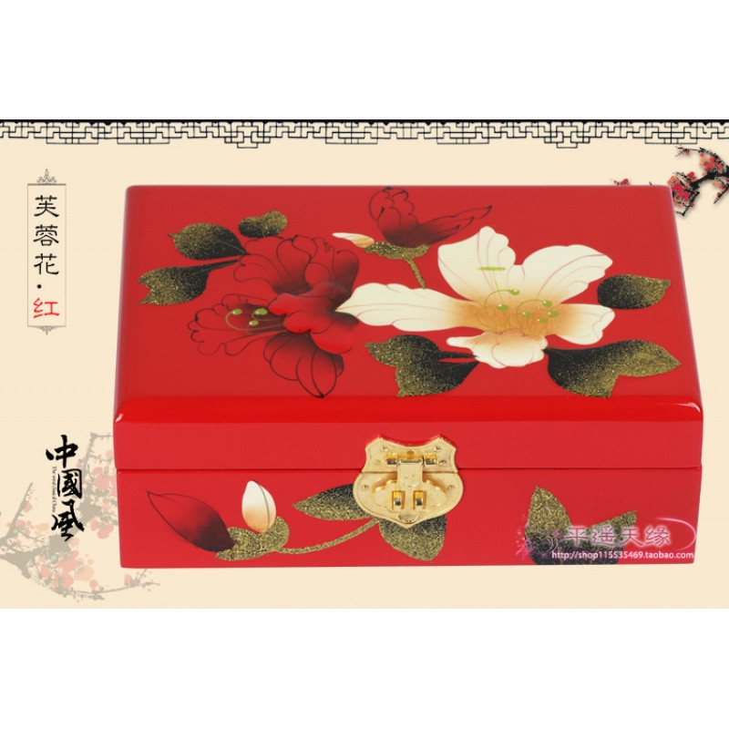 平遥推光漆器首饰盒木质中式复古典结婚新娘化梳妆首饰收纳盒带锁_1 芙蓉花-红